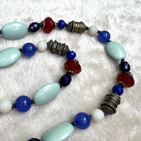Beaded Necklace Blue Red Mint Green Silver Tone Long 31" - Picture 3 of 5